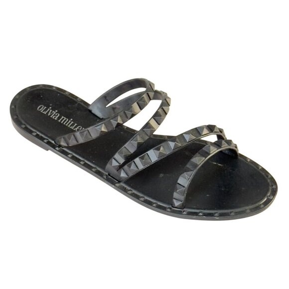OLIVIA MILLER Women's Black Studded Strappy Slide Sandals Size UK 7 EU 40 US 9 - Picture 1 of 10